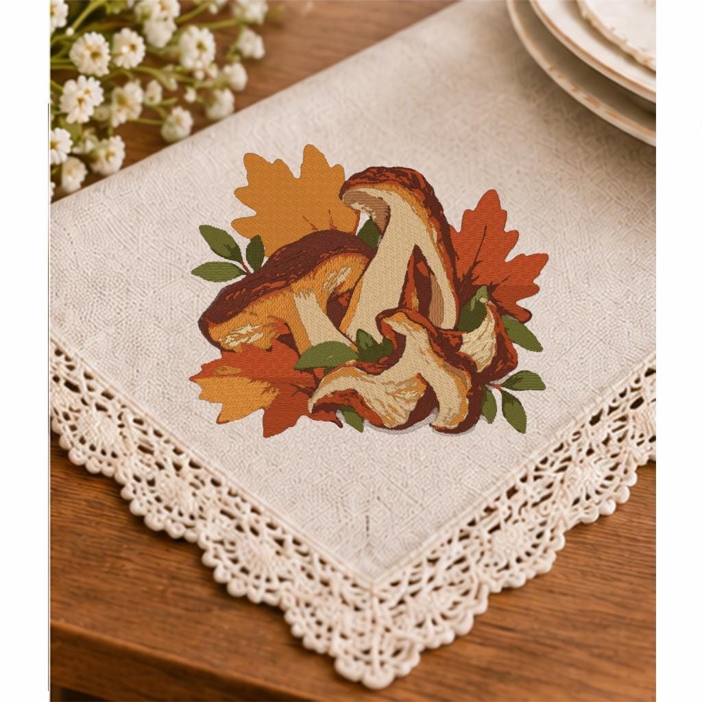 Porcini Mushroom Machine Embroidery Design, Autumn Boletus Mushrooms Fall Leaves, Woodland PES DST JEF File, Instant Download - NuttyHappyHobby