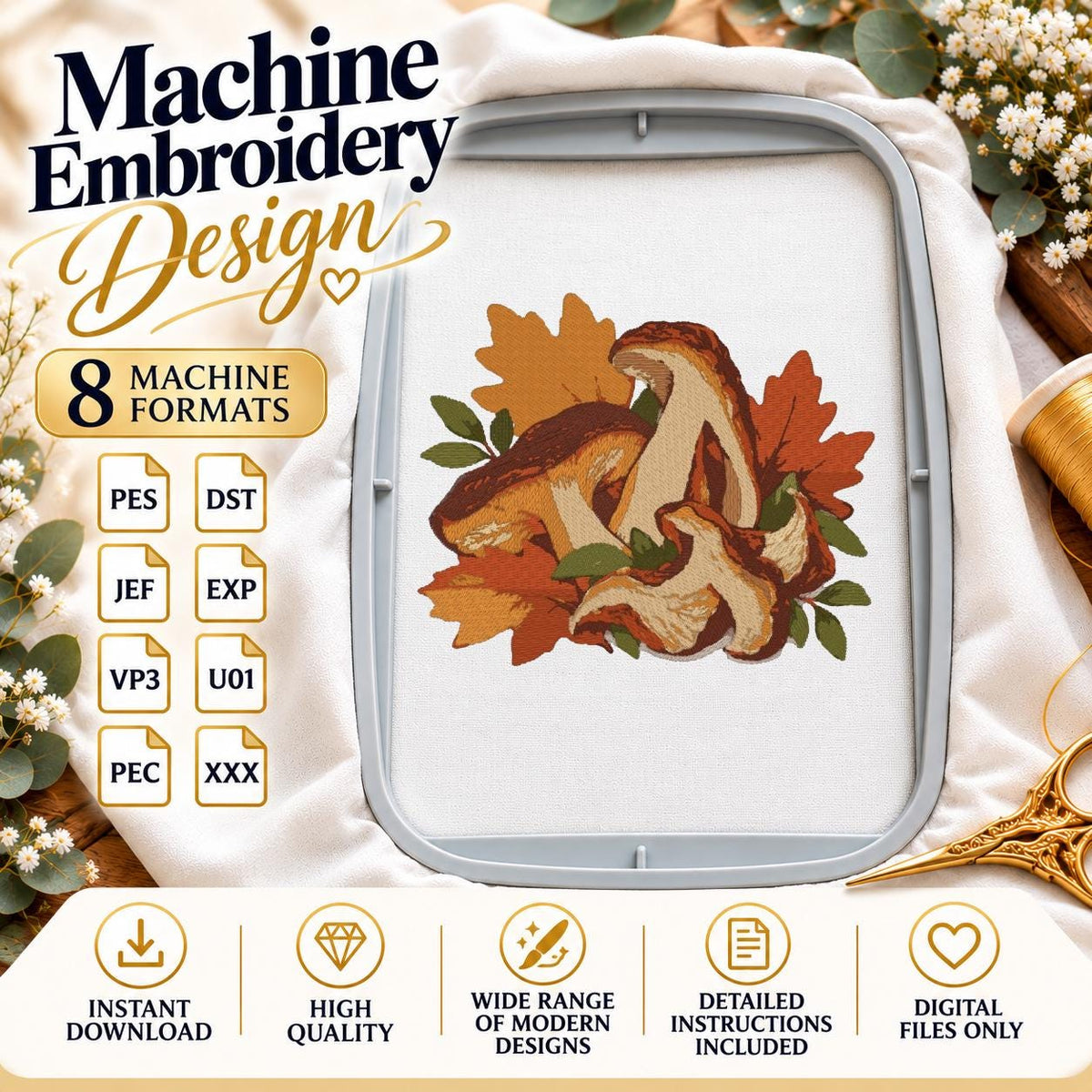 Porcini Mushroom Machine Embroidery Design, Autumn Boletus Mushrooms Fall Leaves, Woodland PES DST JEF File, Instant Download - NuttyHappyHobby