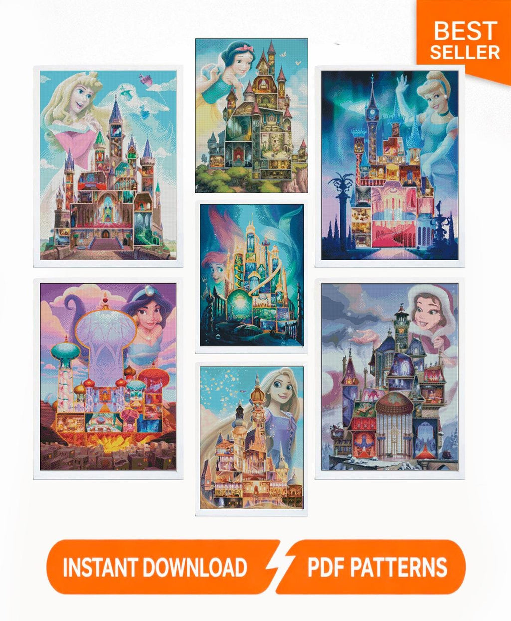Princess Castle Cross Stitch Pattern Bundle PDF, Fairy Tale Castle Set Embroidery Designs, Fantasy Princess Palace Needlework Collection - NuttyHappyHobby