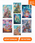 Princess Castle Cross Stitch Pattern Bundle PDF, Fairy Tale Castle Set Embroidery Designs, Fantasy Princess Palace Needlework Collection - NuttyHappyHobby
