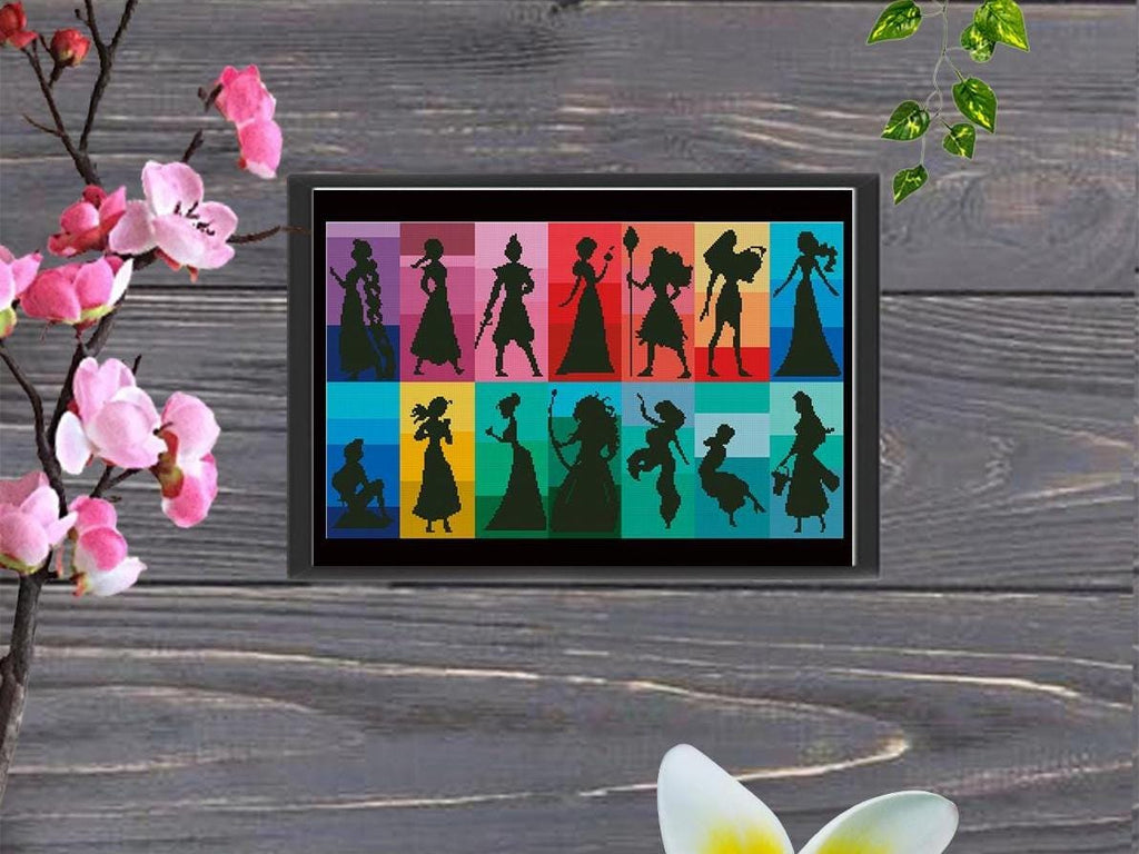 Princess Silhouette Cross Stitch Pattern PDF, Fairy Tale Princess Set Embroidery Design, Fantasy Princess Collection, Colorful Cross Stitch - NuttyHappyHobby