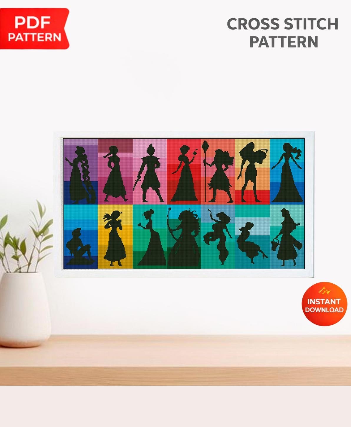 Princess Silhouette Cross Stitch Pattern PDF, Fairy Tale Princess Set Embroidery Design, Fantasy Princess Collection, Colorful Cross Stitch - NuttyHappyHobby
