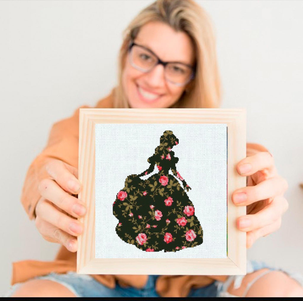 Princess Silhouette Cross Stitch Pattern PDF, Floral Dress Embroidery Design, Fairy Tale Princess Cross Stitch, 90s cartoons, download - NuttyHappyHobby