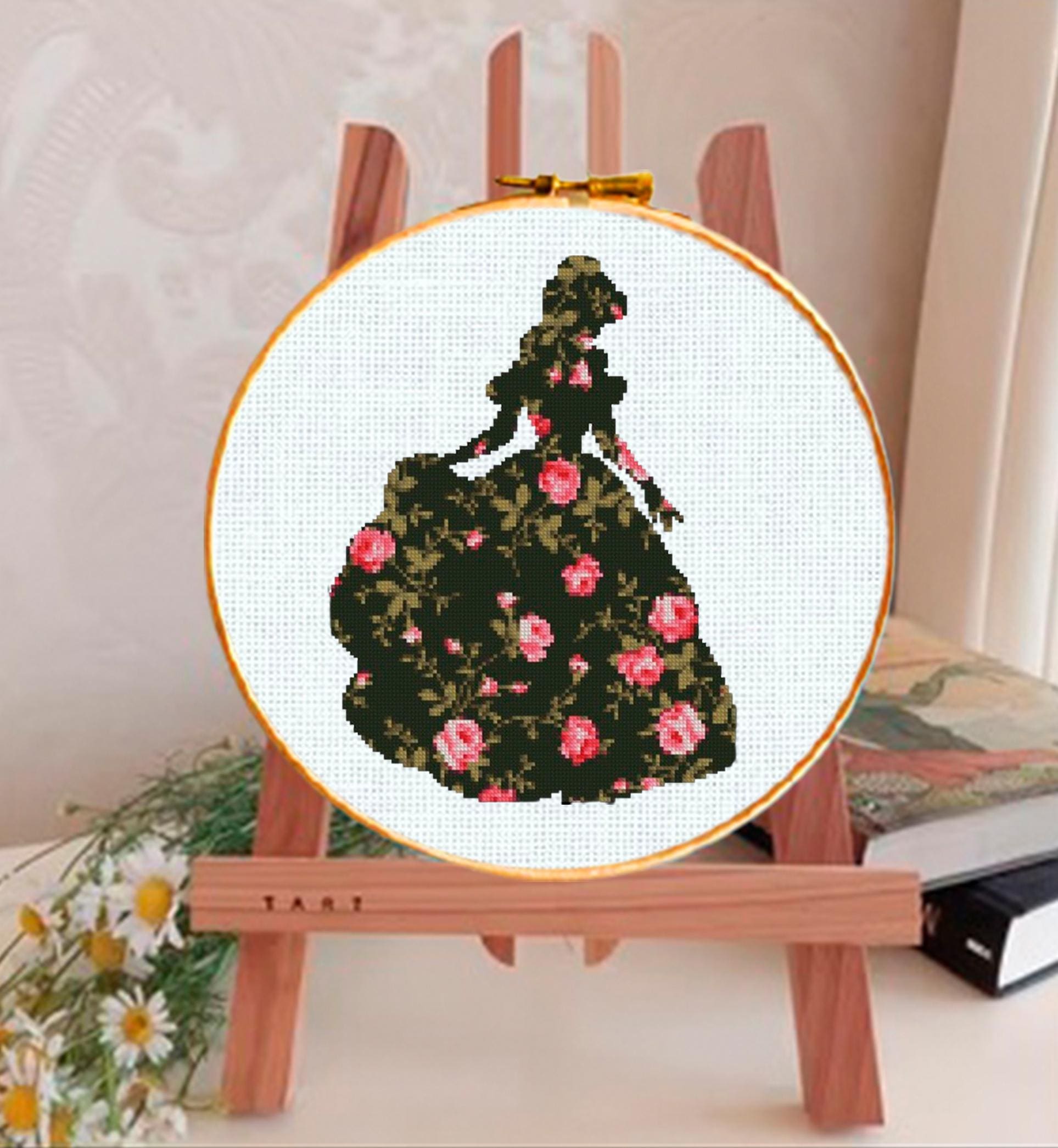 Princess Silhouette Cross Stitch Pattern PDF, Floral Dress Embroidery Design, Fairy Tale Princess Cross Stitch, 90s cartoons, download - NuttyHappyHobby