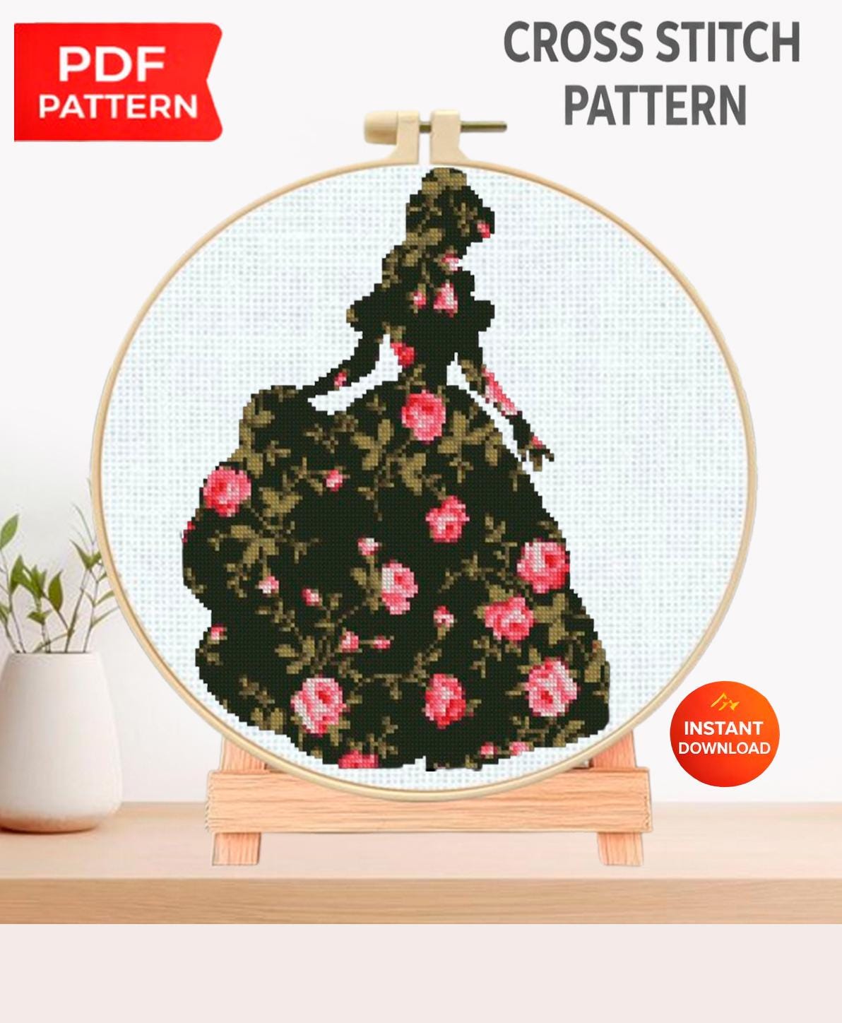 Princess Silhouette Cross Stitch Pattern PDF, Floral Dress Embroidery Design, Fairy Tale Princess Cross Stitch, 90s cartoons, download - NuttyHappyHobby