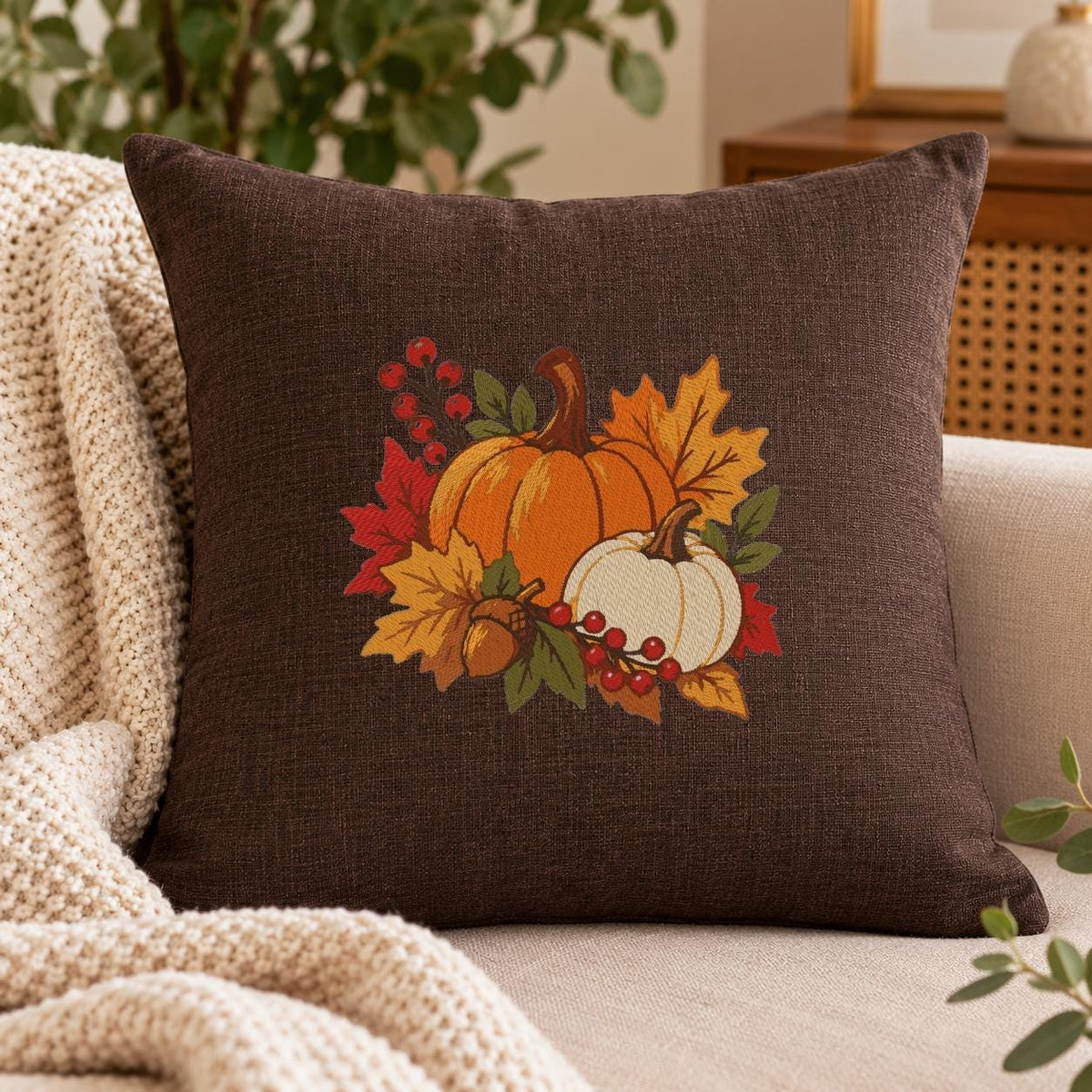 Pumpkin Machine Embroidery Design, Fall Harvest Orange White Pumpkins, Autumn Leaves, Thanksgiving PES DST JEF, Instant Download - NuttyHappyHobby