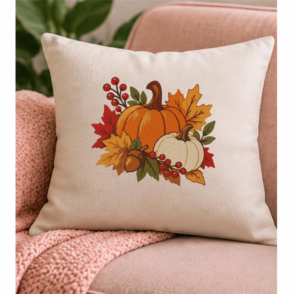 Pumpkin Machine Embroidery Design, Fall Harvest Orange White Pumpkins, Autumn Leaves, Thanksgiving PES DST JEF, Instant Download - NuttyHappyHobby