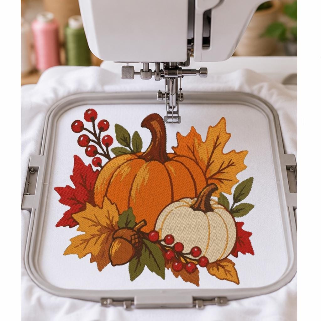Pumpkin Machine Embroidery Design, Fall Harvest Orange White Pumpkins, Autumn Leaves, Thanksgiving PES DST JEF, Instant Download - NuttyHappyHobby