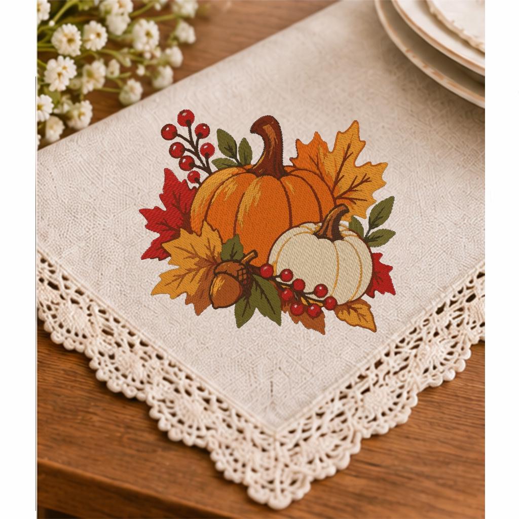 Pumpkin Machine Embroidery Design, Fall Harvest Orange White Pumpkins, Autumn Leaves, Thanksgiving PES DST JEF, Instant Download - NuttyHappyHobby