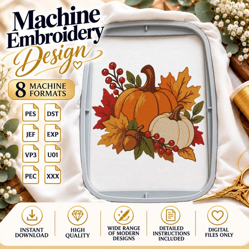 Pumpkin Machine Embroidery Design, Fall Harvest Orange White Pumpkins, Autumn Leaves, Thanksgiving PES DST JEF, Instant Download - NuttyHappyHobby