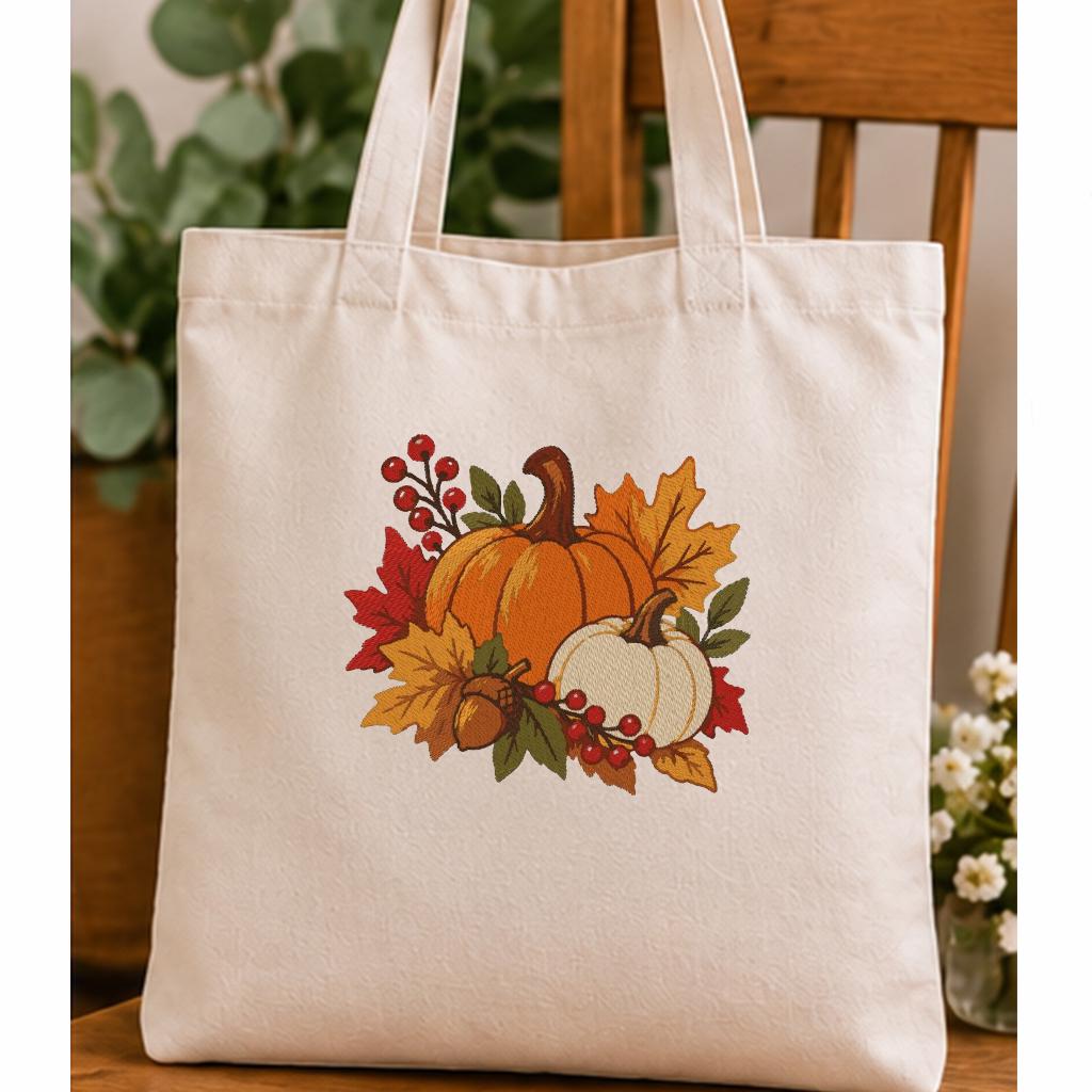 Pumpkin Machine Embroidery Design, Fall Harvest Orange White Pumpkins, Autumn Leaves, Thanksgiving PES DST JEF, Instant Download - NuttyHappyHobby