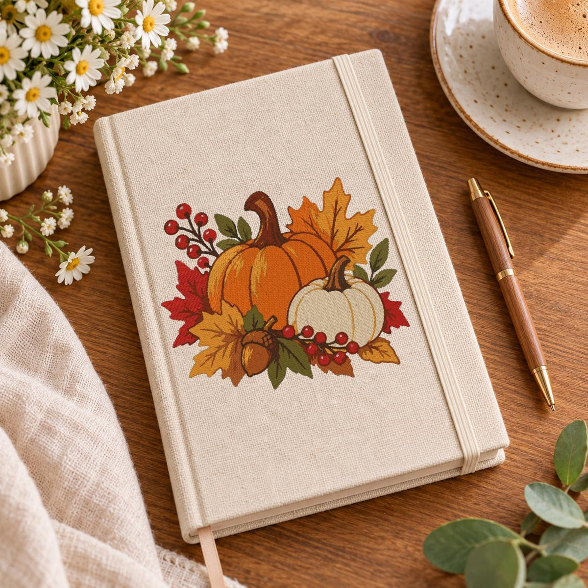 Pumpkin Machine Embroidery Design, Fall Harvest Orange White Pumpkins, Autumn Leaves, Thanksgiving PES DST JEF, Instant Download - NuttyHappyHobby
