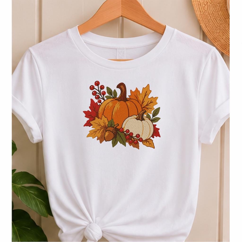 Pumpkin Machine Embroidery Design, Fall Harvest Orange White Pumpkins, Autumn Leaves, Thanksgiving PES DST JEF, Instant Download - NuttyHappyHobby
