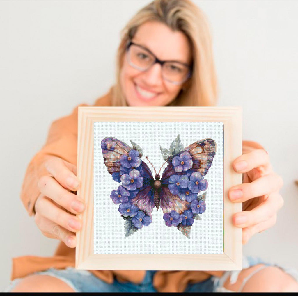 Purple Butterfly Cross Stitch Pattern PDF, Floral Butterfly Embroidery Design, Botanical Cross Stitch Chart, Spring Nature Needlepoint - NuttyHappyHobby