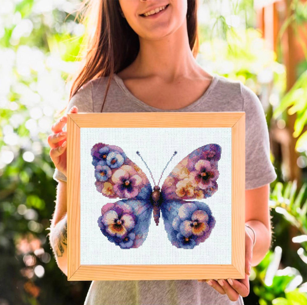 Purple Butterfly Cross Stitch Pattern PDF, Floral Butterfly Embroidery Design, Botanical Nature Cross Stitch Chart, Spring Needlepoint - NuttyHappyHobby