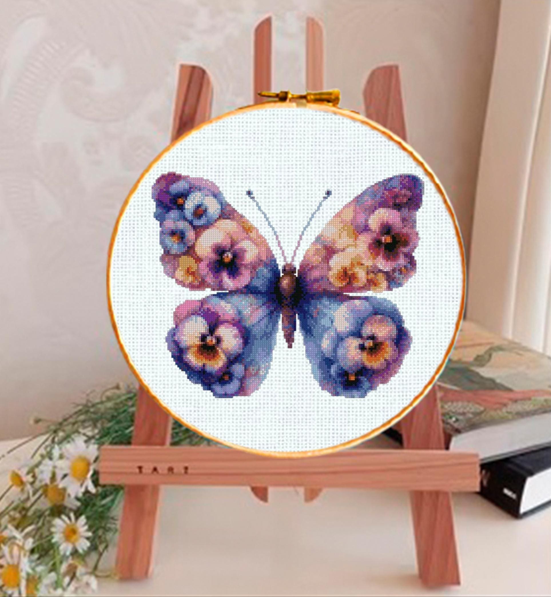 Purple Butterfly Cross Stitch Pattern PDF, Floral Butterfly Embroidery Design, Botanical Nature Cross Stitch Chart, Spring Needlepoint - NuttyHappyHobby