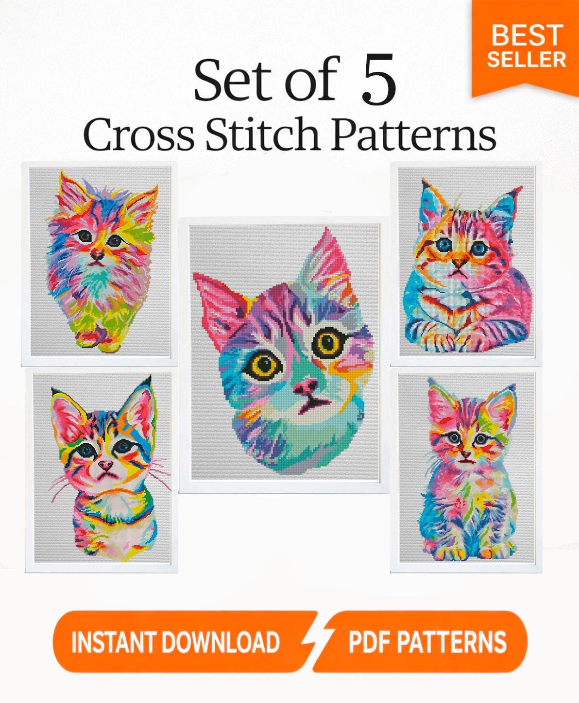 Rainbow Cat Cross Stitch Bundle PDF, Colorful Kitten Cross Stitch Patterns, Modern Cat Embroidery Designs, Cute Animal Needlepoint Set - NuttyHappyHobby