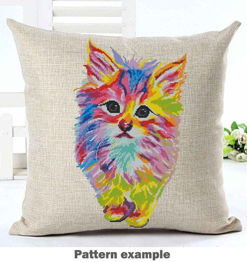 Rainbow Cat Cross Stitch Bundle PDF, Colorful Kitten Cross Stitch Patterns, Modern Cat Embroidery Designs, Cute Animal Needlepoint Set - NuttyHappyHobby