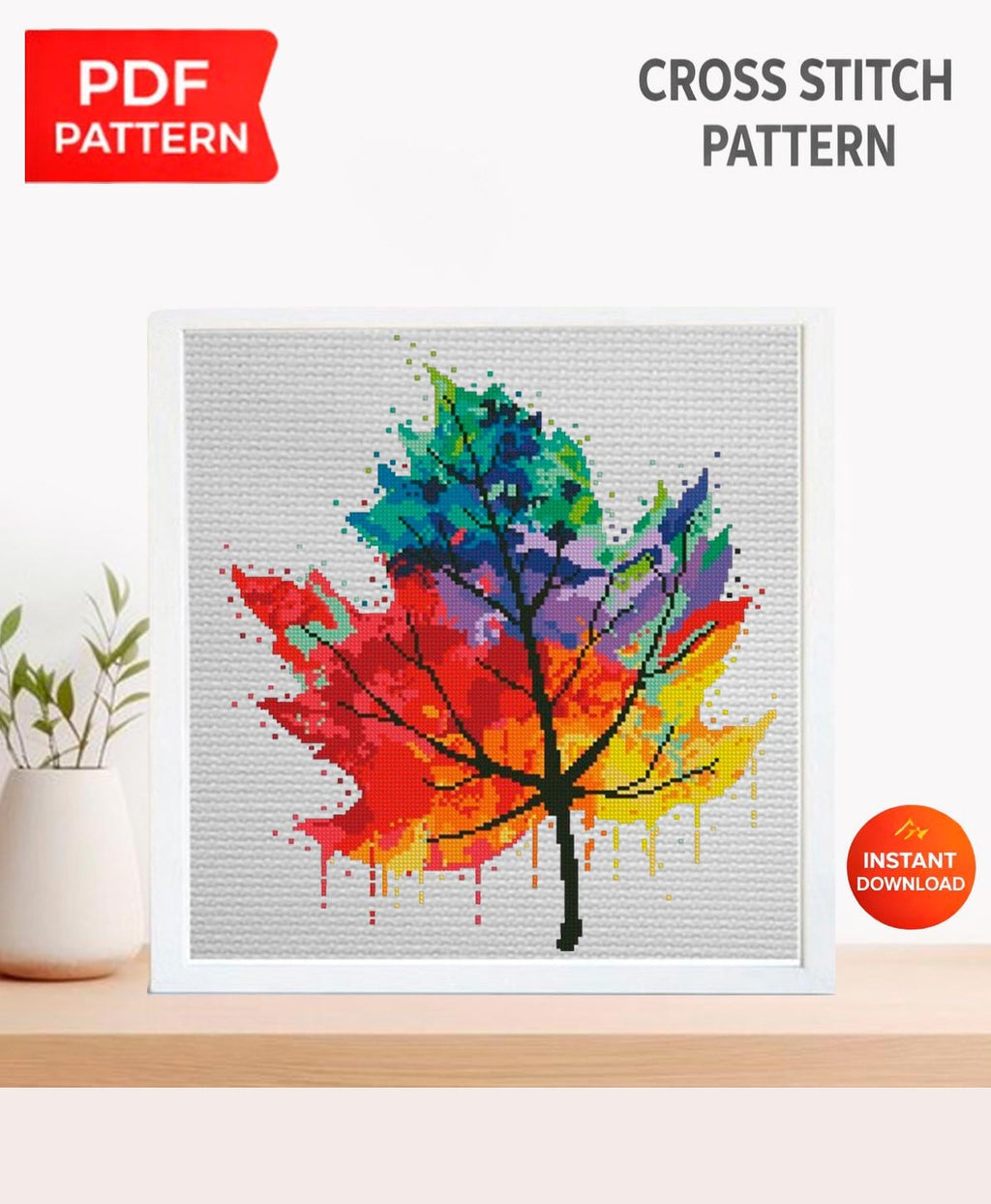 Rainbow Maple Leaf Cross Stitch Pattern PDF, Colorful Autumn Leaf Embroidery Design, Fall Nature Botanical Cross Stitch Digital Download pdf - NuttyHappyHobby