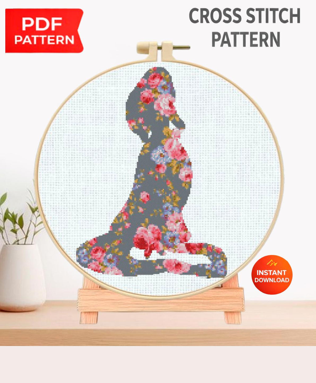 Rapunzel Floral Cross Stitch Pattern PDF, Princess Silhouette Embroidery Design, Flower Princess Fantasy Needlework, Tangled Inspired Stitch - NuttyHappyHobby