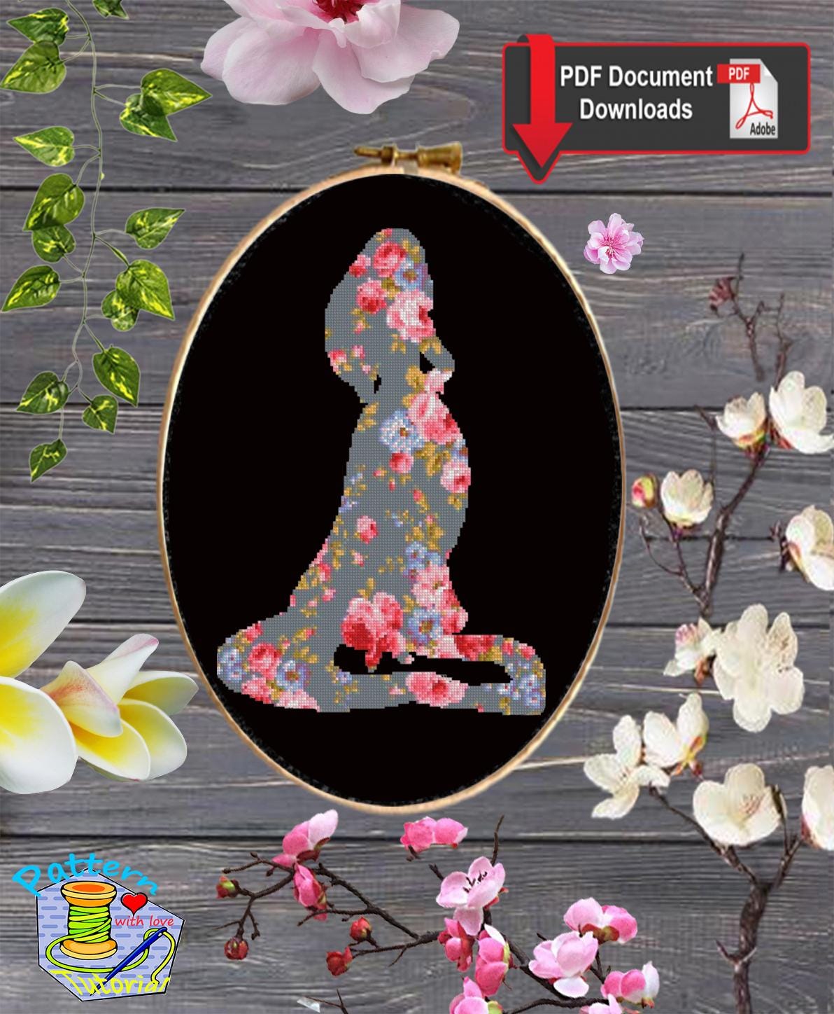 Rapunzel Floral Cross Stitch Pattern PDF, Princess Silhouette Embroidery Design, Flower Princess Fantasy Needlework, Tangled Inspired Stitch - NuttyHappyHobby