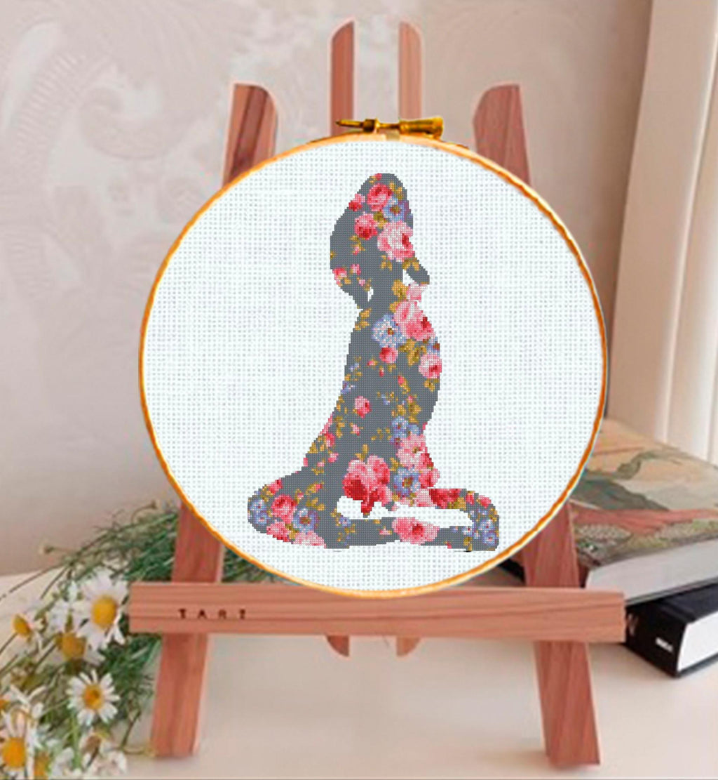 Rapunzel Floral Cross Stitch Pattern PDF, Princess Silhouette Embroidery Design, Flower Princess Fantasy Needlework, Tangled Inspired Stitch - NuttyHappyHobby