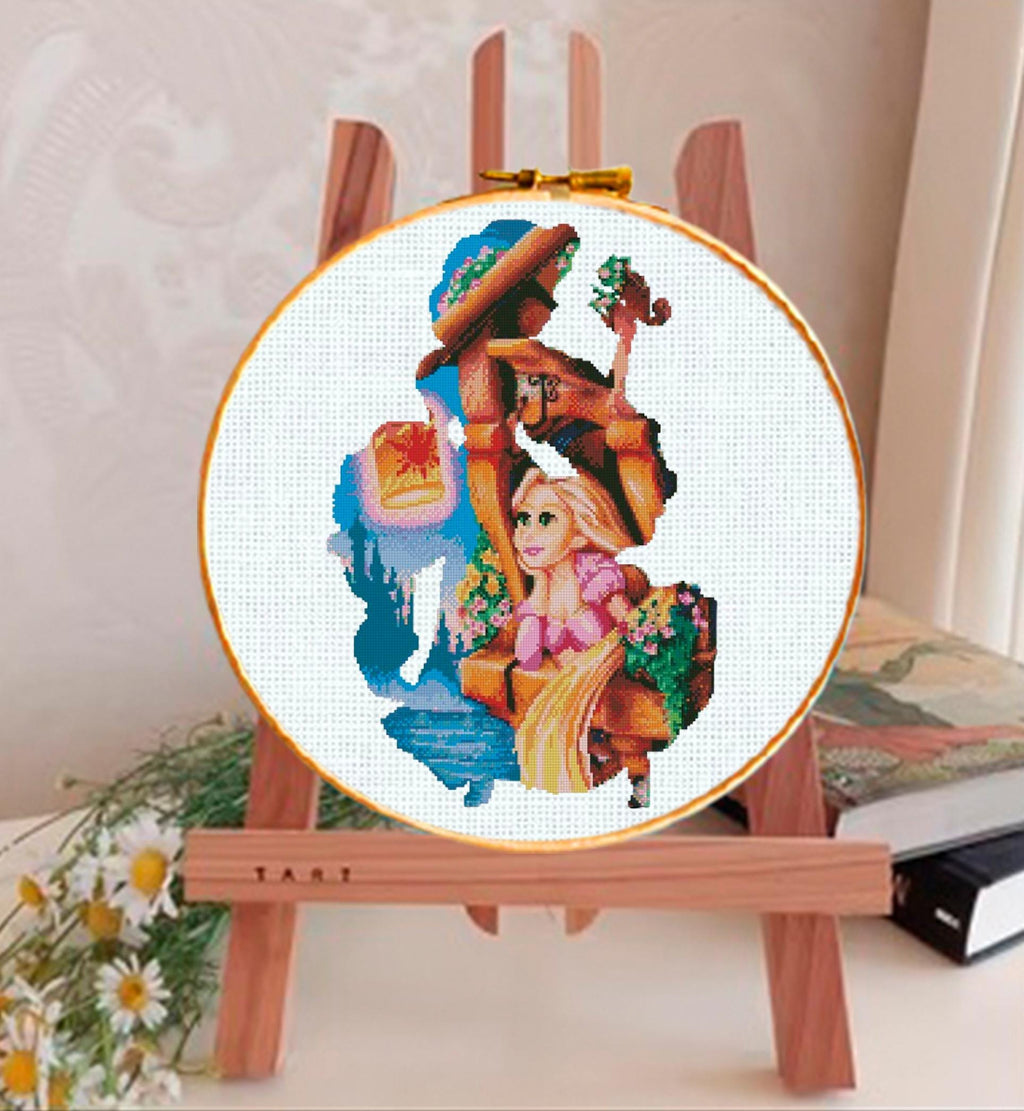 Rapunzel Inspired Cross Stitch Pattern PDF, Fairy Tale Princess Embroidery Design, Long Hair Princess Cross Stitch, 90s cartoons, downoad - NuttyHappyHobby