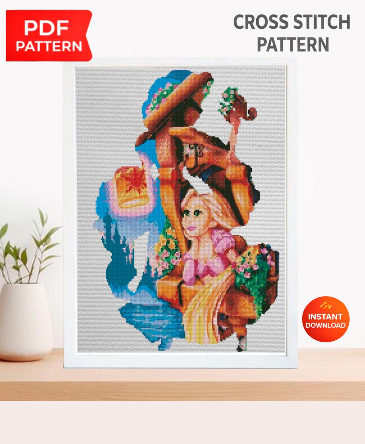 Rapunzel Inspired Cross Stitch Pattern PDF, Fairy Tale Princess Embroidery Design, Long Hair Princess Cross Stitch, 90s cartoons, downoad - NuttyHappyHobby