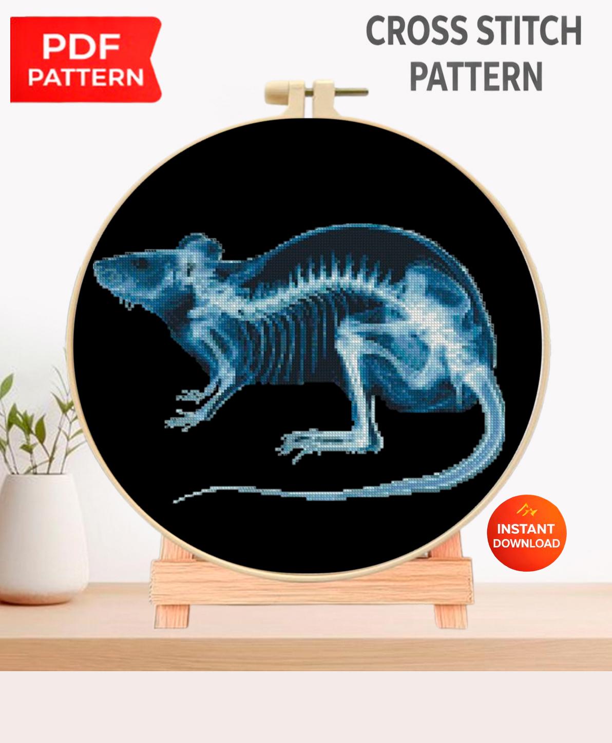 Rat X - Ray Cross Stitch Pattern PDF, Anatomical Rodent Skeleton Embroidery Chart, Radiology Style Animal Anatomy Art, Veterinary Gift - NuttyHappyHobby