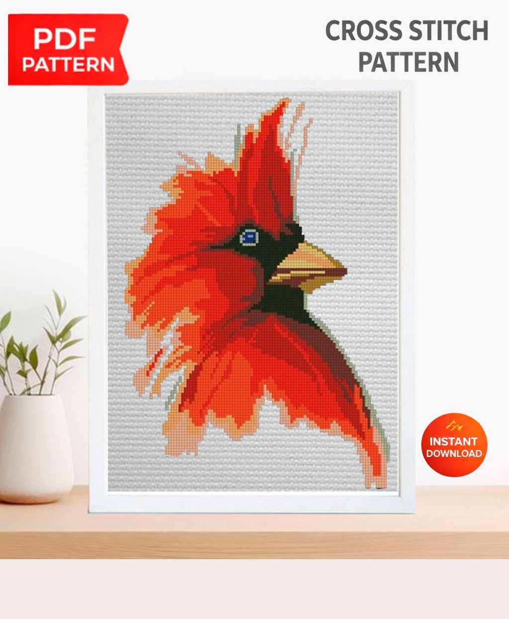 Red Cardinal Bird Cross Stitch Pattern PDF, Cardinal Embroidery Design, Bird Lover Gift, Garden Bird Needlepoint Chart, Wildlife Decor - NuttyHappyHobby