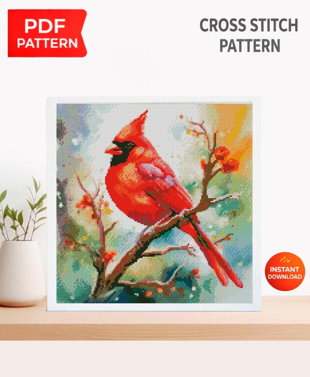 Red Cardinal Bird Cross Stitch Pattern PDF, Cardinal Embroidery Design, Winter Bird Cross Stitch Chart, Nature Needlepoint, Keeper Pattern - NuttyHappyHobby