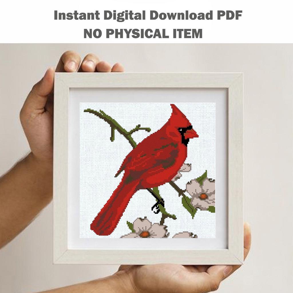 Red Cardinal Cross Stitch Pattern PDF, Cardinal Bird Embroidery Design, Garden Bird Cross Stitch Chart, Nature Needlepoint, instant download - NuttyHappyHobby
