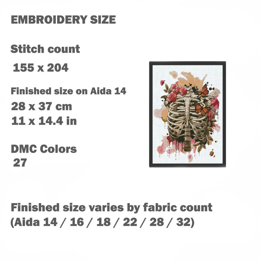 Rib Cage Cross Stitch Pattern PDF, Floral Skeleton Embroidery Chart, Anatomical Ribs Art, Gothic Needlepoint Design, Dark Academia Decor - NuttyHappyHobby