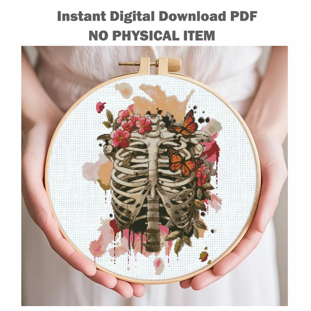 Rib Cage Cross Stitch Pattern PDF, Floral Skeleton Embroidery Chart, Anatomical Ribs Art, Gothic Needlepoint Design, Dark Academia Decor - NuttyHappyHobby