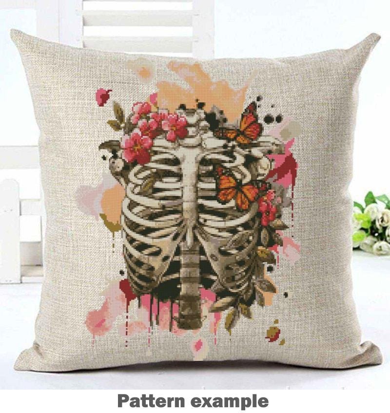 Rib Cage Cross Stitch Pattern PDF, Floral Skeleton Embroidery Chart, Anatomical Ribs Art, Gothic Needlepoint Design, Dark Academia Decor - NuttyHappyHobby