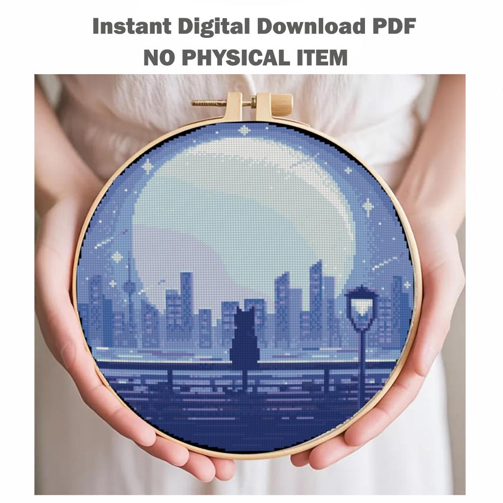 Romantic City Cat Cross Stitch Pattern PDF, Couple Night City Skyline Embroidery Design, Modern Landscape Hoop Art Digital Download pdf - NuttyHappyHobby