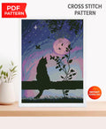 Romantic City Cat Cross Stitch Pattern PDF, Couple Night City Skyline Embroidery Design, Modern Landscape Hoop Art Digital Download pdf file - NuttyHappyHobby
