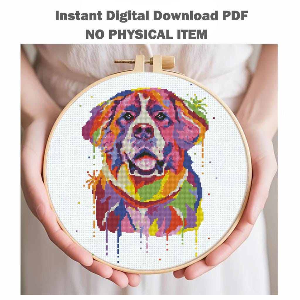 Saint Bernard Cross Stitch Pattern PDF, Colorful Dog Portrait Embroidery Design, Modern Saint Bernard Needlework Chart, Dog Lover Gift - NuttyHappyHobby
