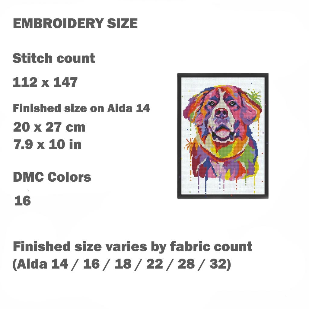 Saint Bernard Cross Stitch Pattern PDF, Colorful Dog Portrait Embroidery Design, Modern Saint Bernard Needlework Chart, Dog Lover Gift - NuttyHappyHobby