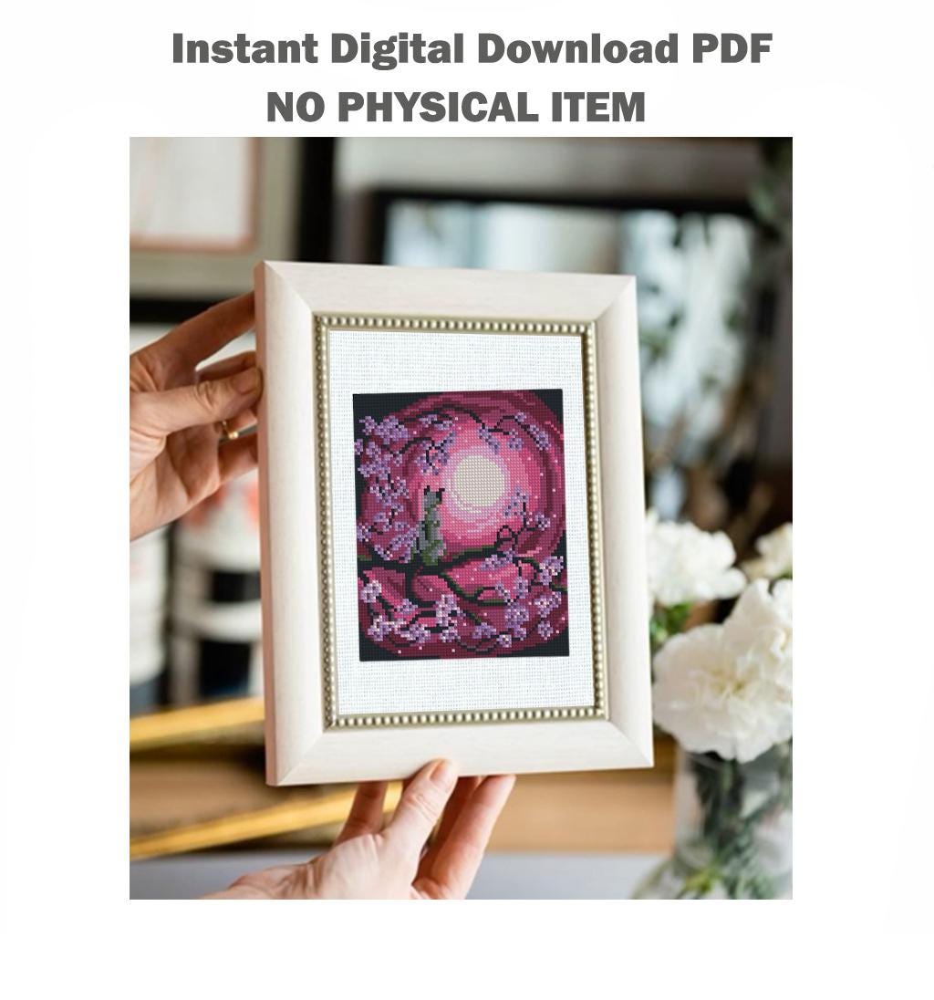Sakura Moon Cross Stitch Pattern PDF, Pink Cherry Blossom Tree Landscape Embroidery Design,Japanese Style Mini Cross Stitch Digital Download - NuttyHappyHobby