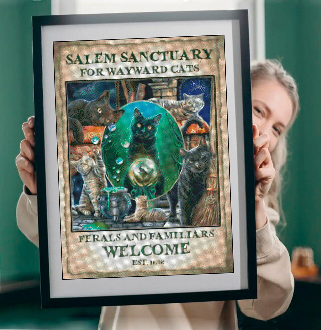 Salem Sanctuary Cat Cross Stitch Pattern PDF, Witchy Cat Embroidery Design, Halloween Cat Cross Stitch, Gothic Cat Decor, Instant Download - NuttyHappyHobby