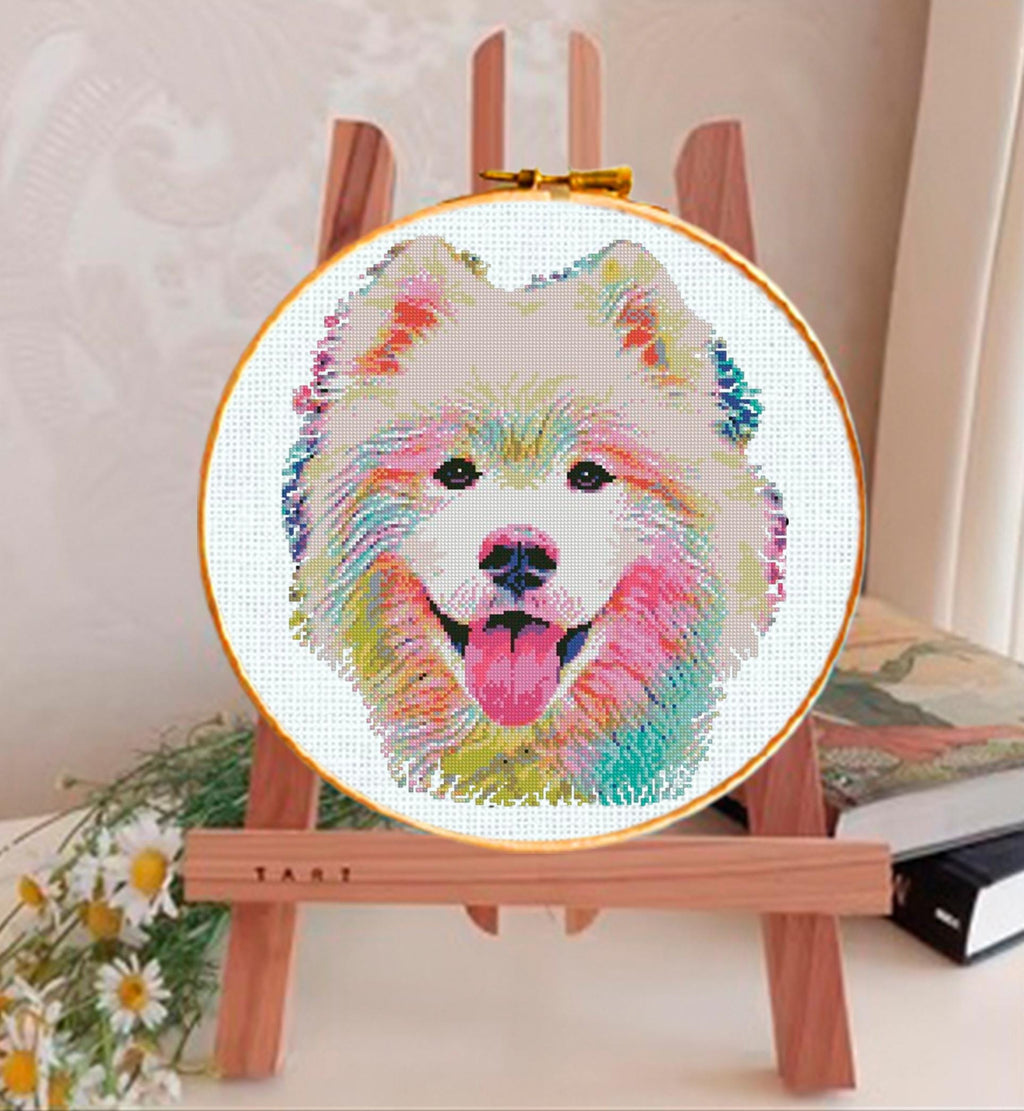 Samoyed Cross Stitch Pattern PDF, Colorful Dog Portrait Embroidery Design, Modern Samoyed Needlework Chart, Dog Lover Gift, download pdf - NuttyHappyHobby