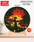 Samurai Cross Stitch Pattern PDF, Japanese Warrior Sunset Landscape Embroidery Design, Samurai Silhouette Cross Stitch Digital Download - NuttyHappyHobby