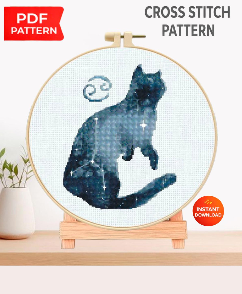 Scorpio Cat Cross Stitch Pattern PDF, Zodiac Cat Embroidery Design, Astrology Constellation Cross Stitch Chart, Celestial Cat Needlework - NuttyHappyHobby