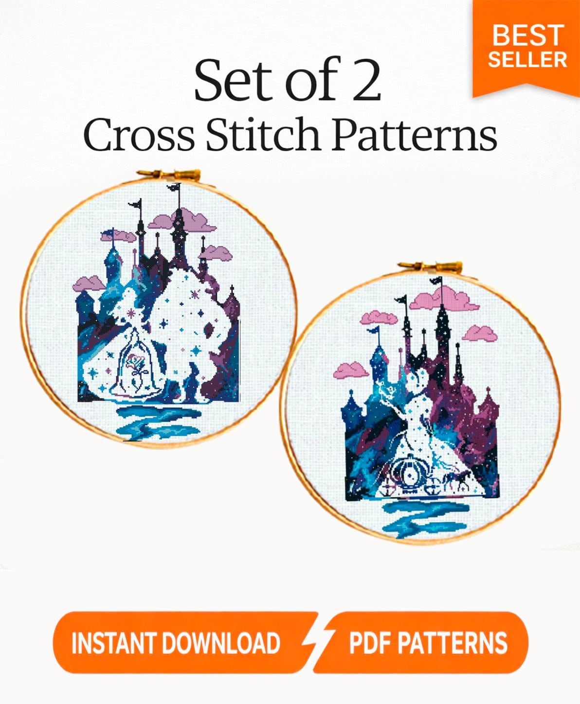Set of 2 Cross Stitch Patterns PDF, Fantasy Castle Embroidery Design, Modern Counted Cross Stitch Chart Instant Download, 90's cartoons - NuttyHappyHobby