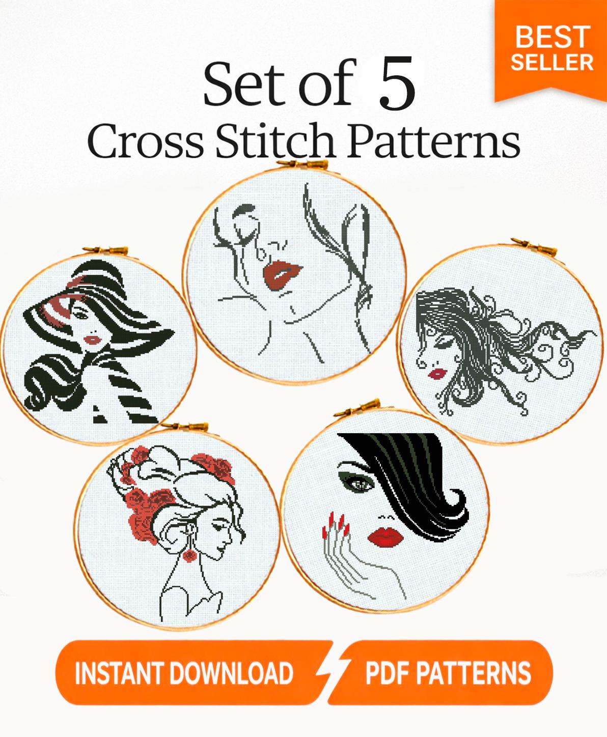 Set of 5 Woman Cross Stitch Patterns PDF Fashion Lady Embroidery Bundle Modern Face Art Instant Download Gift - NuttyHappyHobby
