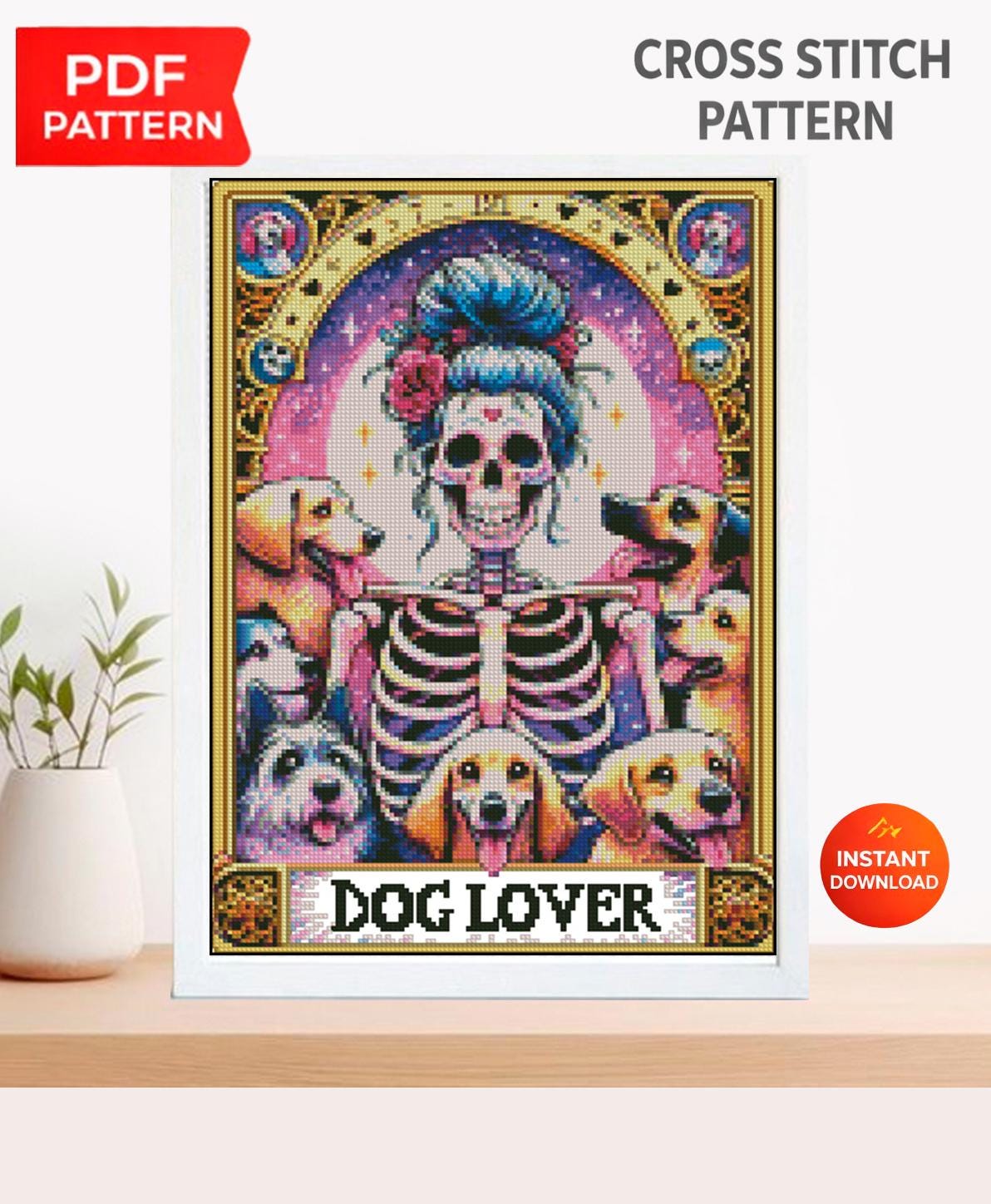 Skeleton Dog Lover Cross Stitch Pattern PDF, Gothic Halloween Dog Embroidery Design, Spooky Dog Lover Decor, Gothic Cross Stitch, Download - NuttyHappyHobby