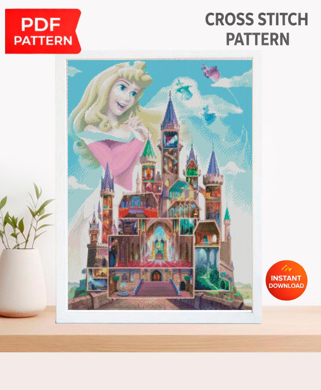 Sleeping Princess Castle Cross Stitch Pattern PDF, Enchanted Fairytale Princess Embroidery Design, Fantasy Storybook Needlework, 90s cartoon - NuttyHappyHobby
