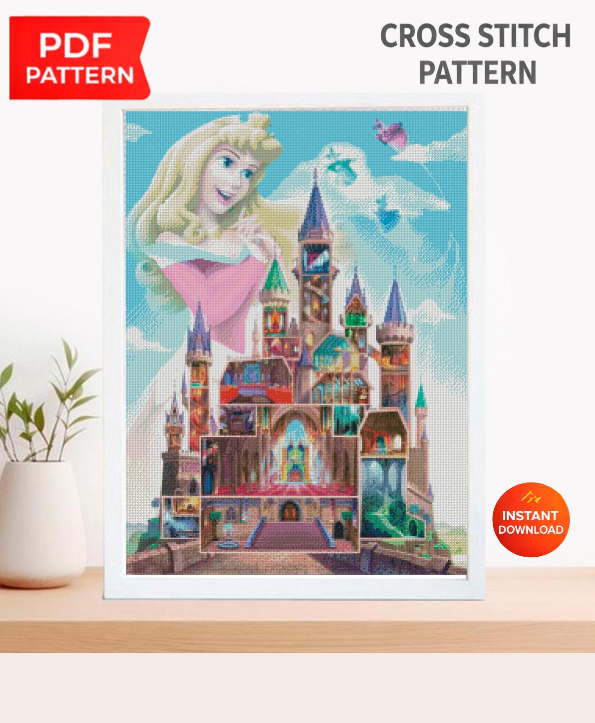 Sleeping Princess Castle Cross Stitch Pattern PDF, Enchanted Fairytale Princess Embroidery Design, Fantasy Storybook Needlework, 90s cartoon - NuttyHappyHobby
