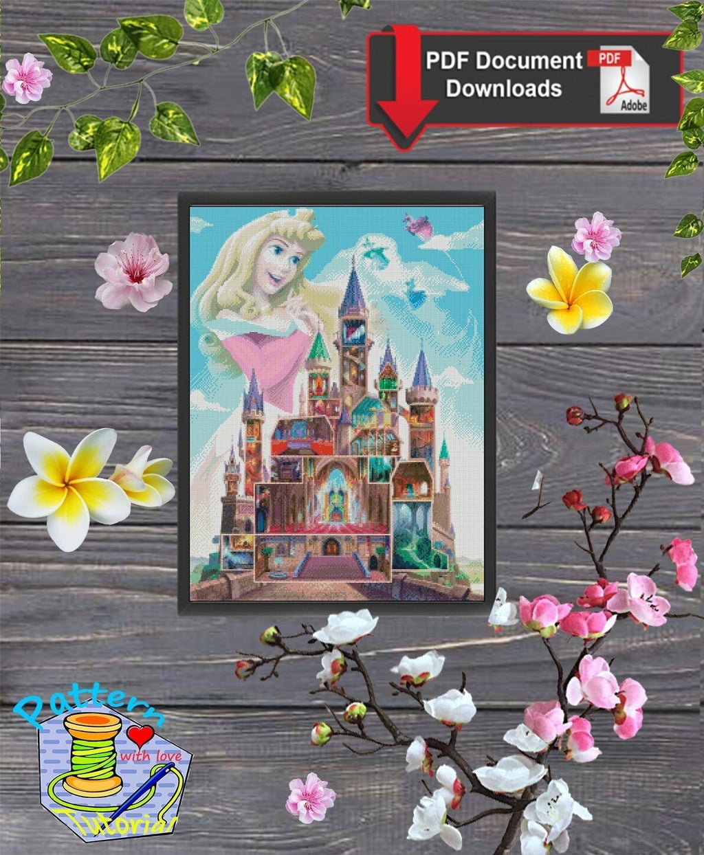 Sleeping Princess Castle Cross Stitch Pattern PDF, Enchanted Fairytale Princess Embroidery Design, Fantasy Storybook Needlework, 90s cartoon - NuttyHappyHobby